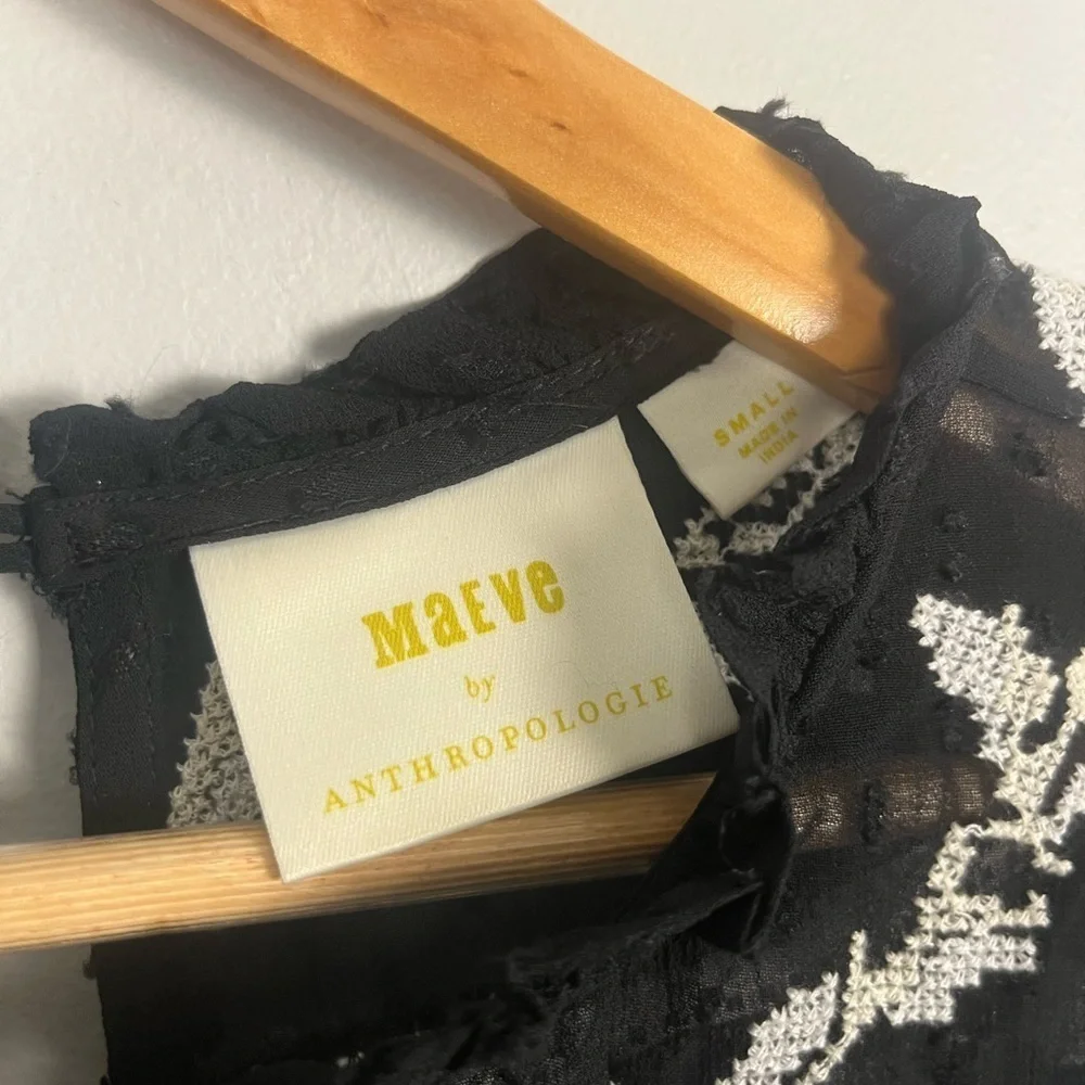 Anthropologie Maeve Winona Lace Top Peasant Shirt Size Small Black Puff Sleeves
